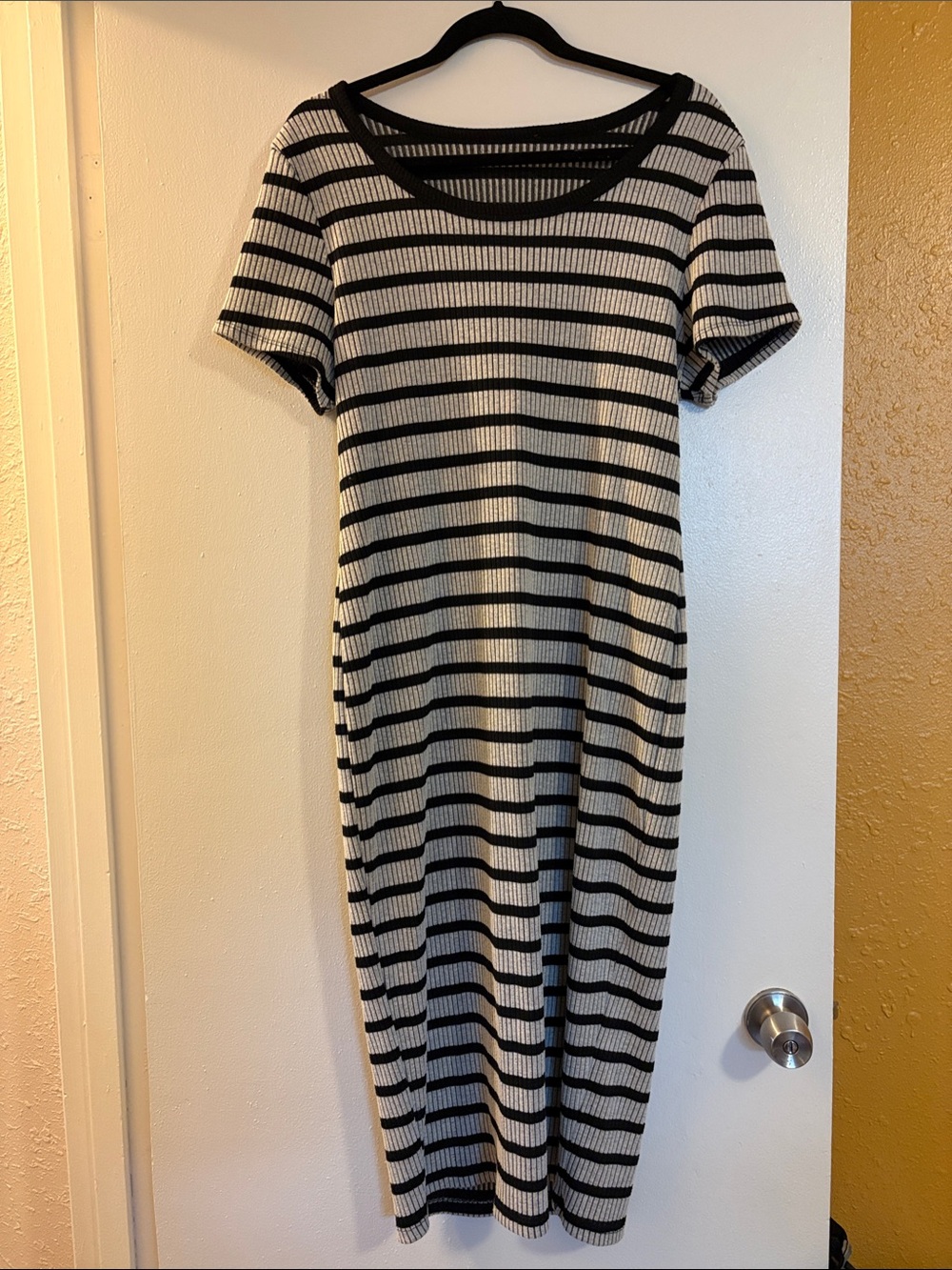Black and White Striped Rib Knit Midi Dress